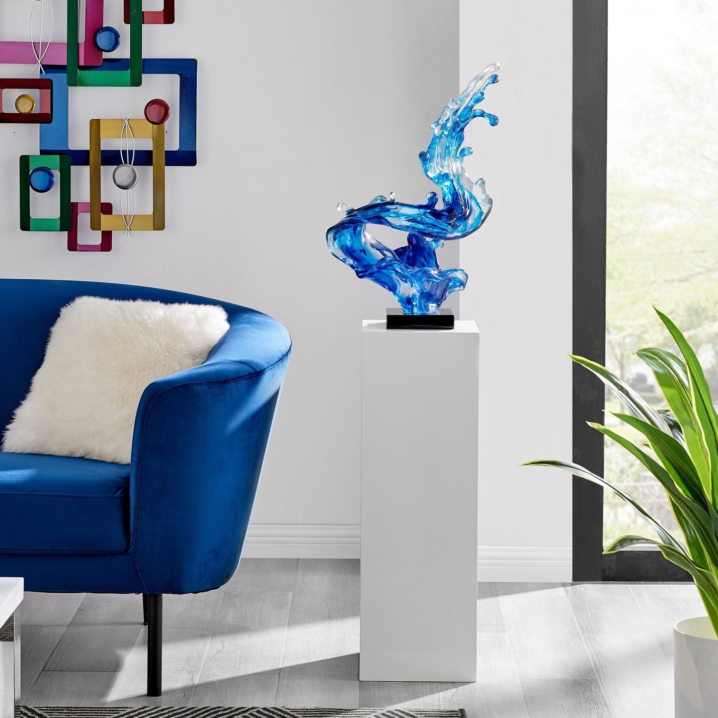 Ocean Blue Cortes Bay Wave Floor Sculpture with White Stand, 43" Tall