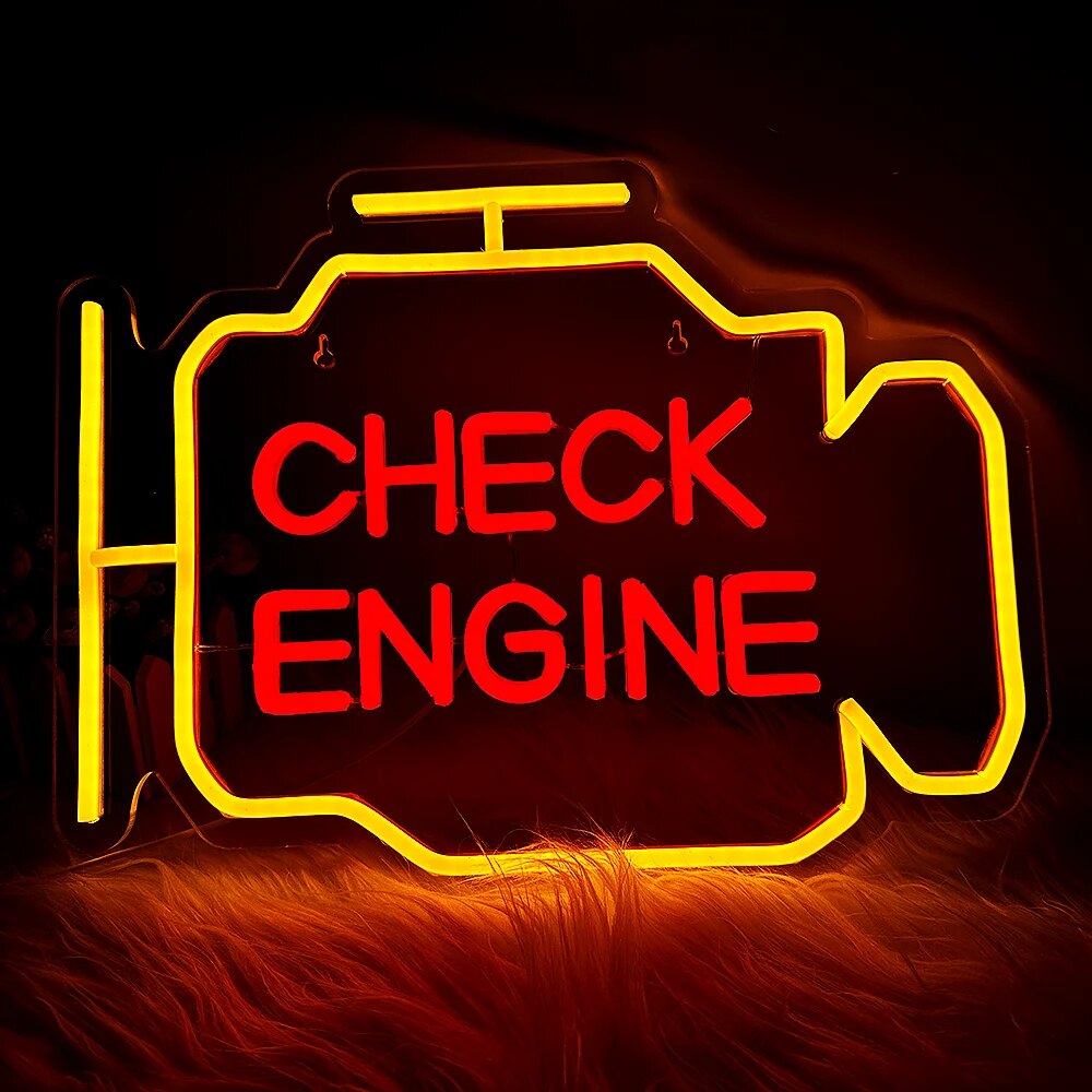 LED Solar Light "Check Engine" Neon Sign - Auto Room Garage Car Repair Shop Home USB Switch Bar Atmosphere Studio Wall Decor Gift Lamp