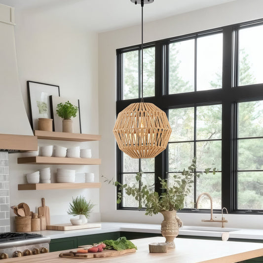 Iron and Ropes 1 Light 11" Diam Pendant // Black and Beige