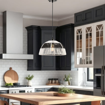 Iron and Ropes 1 Light 14" Diam Pendant // Black and Cream