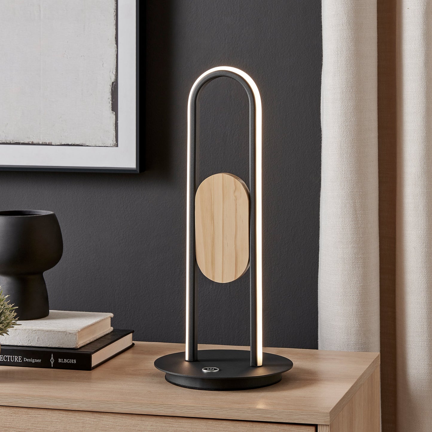 Table Lamp Satin Black & Wood