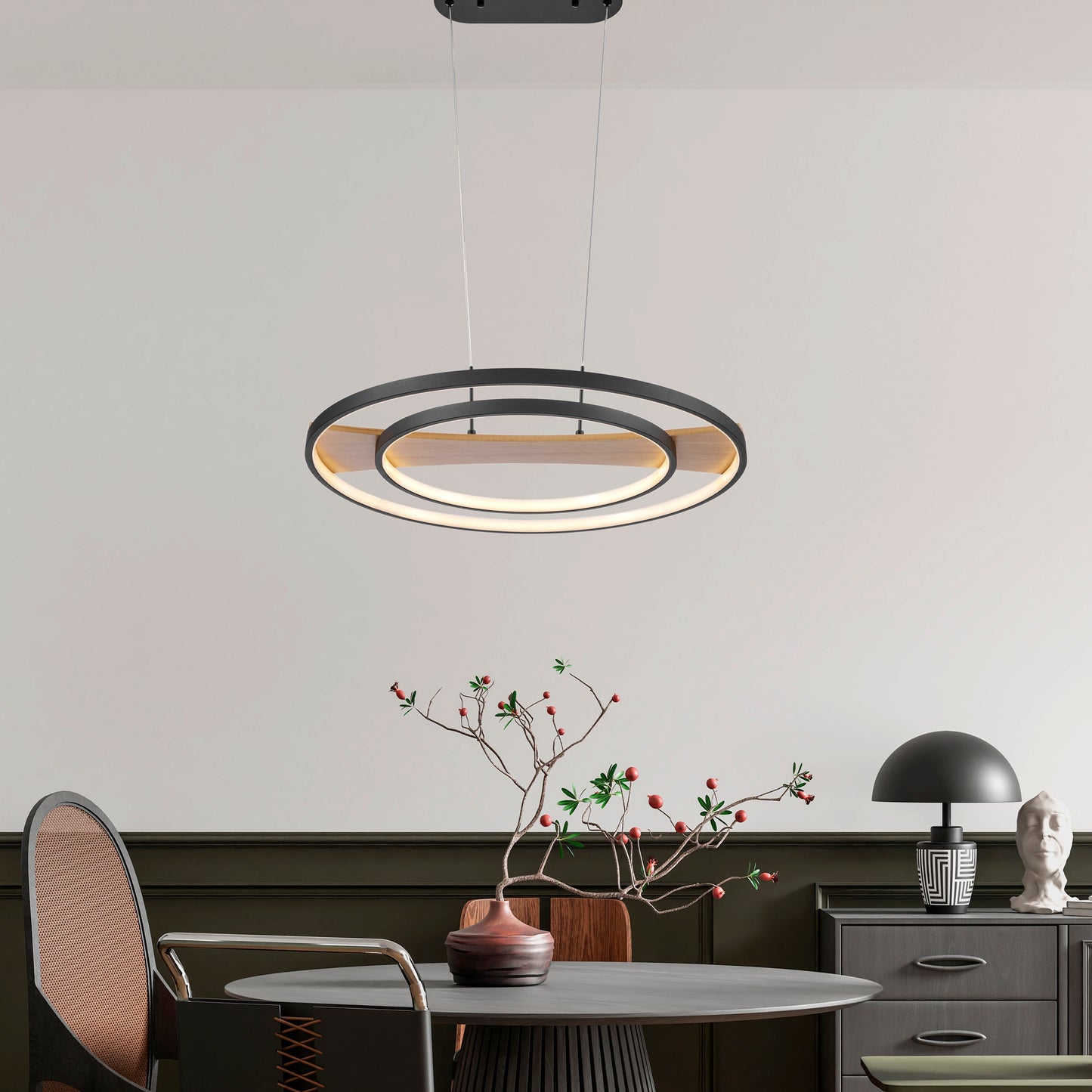 Chandelier Lamp Satin Black & Wood