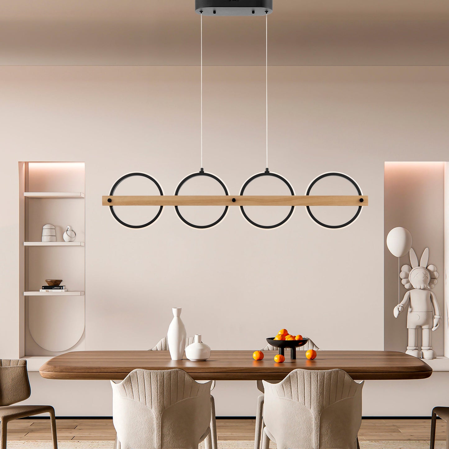 Chandelier 4 Circles Satin Black & Wood