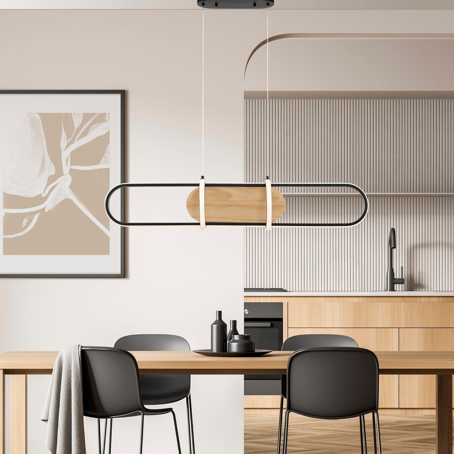 Chandelier Rounded Rectangle Satin Black & Wood