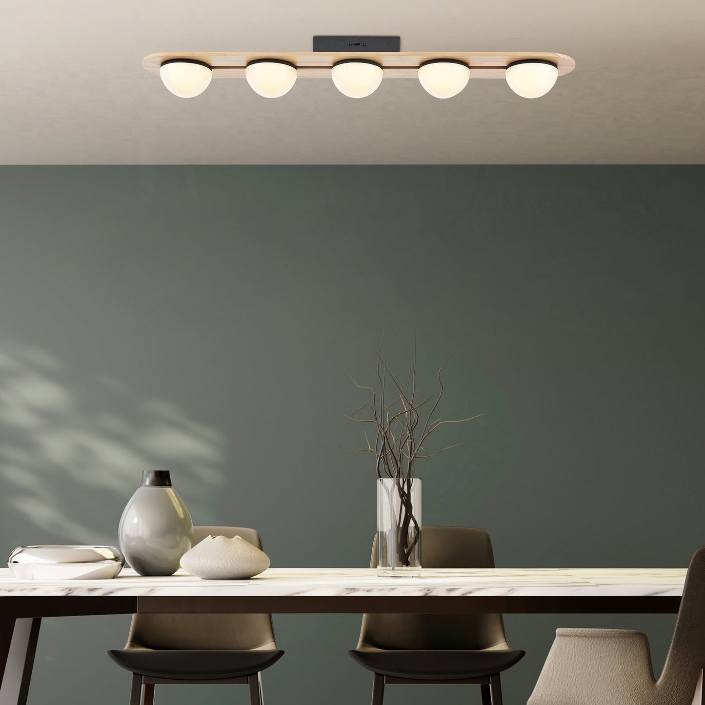 Flush Mount Chandelier Satin Black & Wood