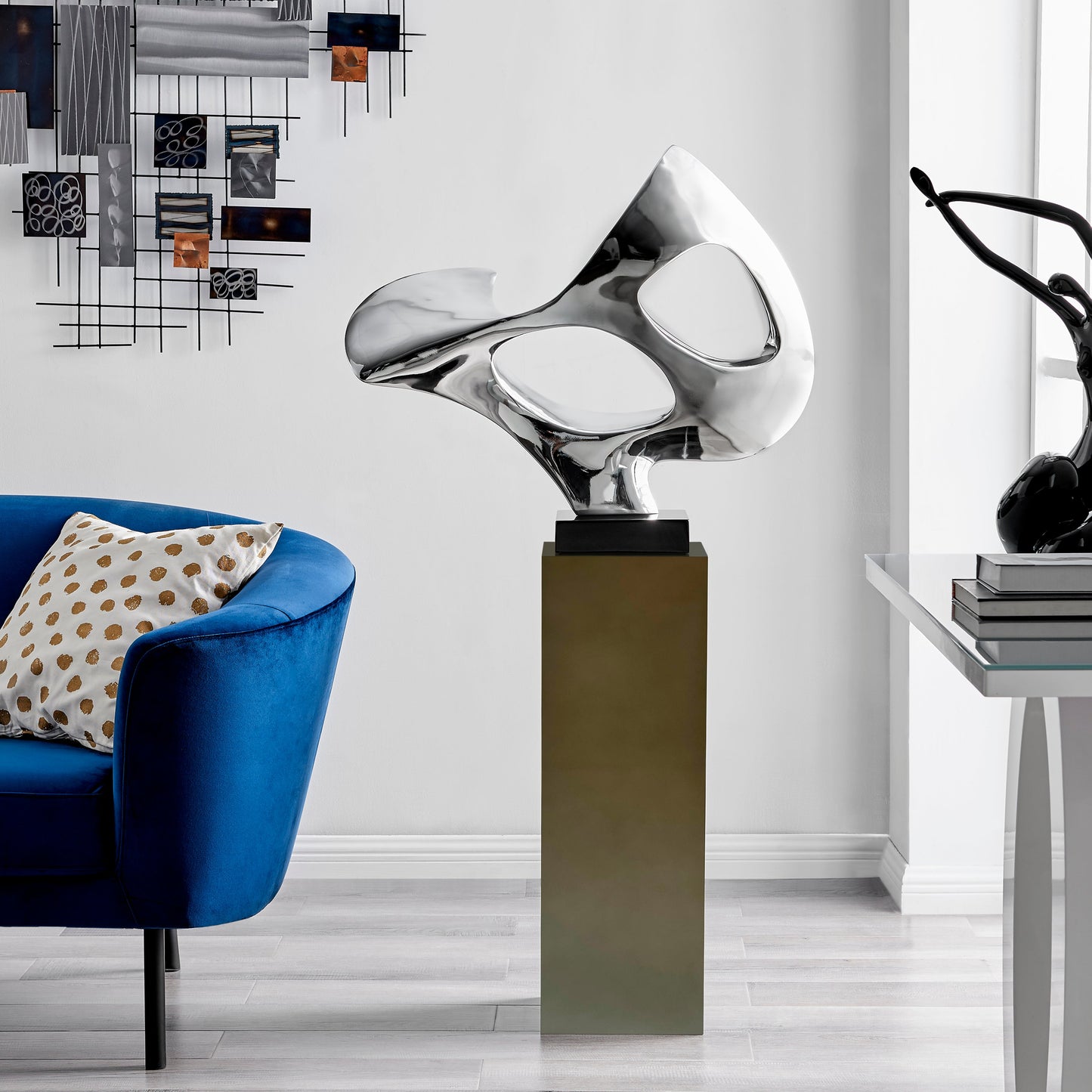 Chrome Abstract Mask 54" Tall Floor Sculpture // Chrome with Gray Stand