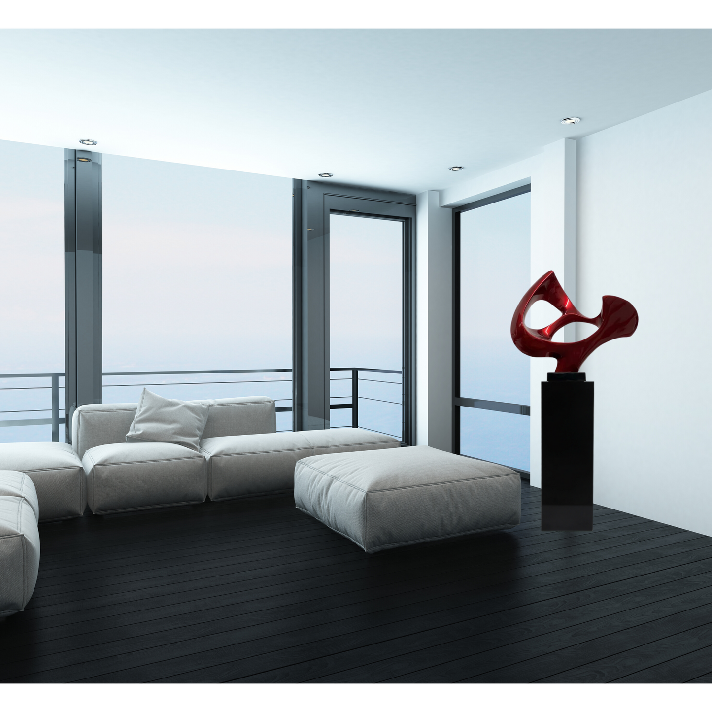 Abstract Mask 54" Tall Floor Sculpture // Metallic Red and Black Stand