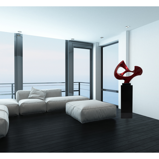 Abstract Mask 54" Tall Floor Sculpture // Metallic Red and Black Stand