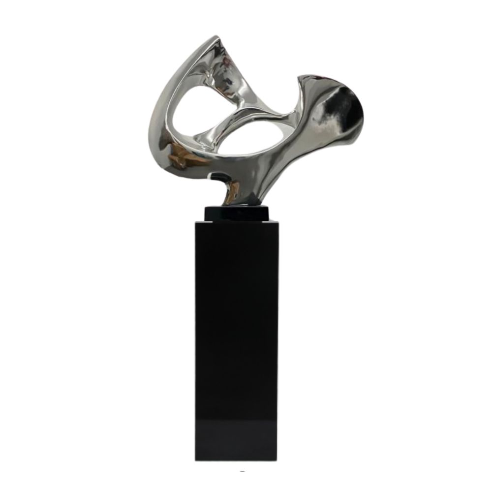 Abstract Mask 54" Tall Floor Sculpture // Chrome with Black Stand