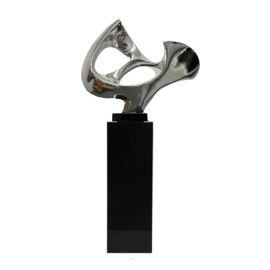 Abstract Mask 54" Tall Floor Sculpture // Chrome with Black Stand