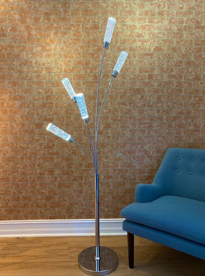 5 Crystal Cylinders Floor Lamp | Modern LED Lighting with Chrome Base and Foot Switch