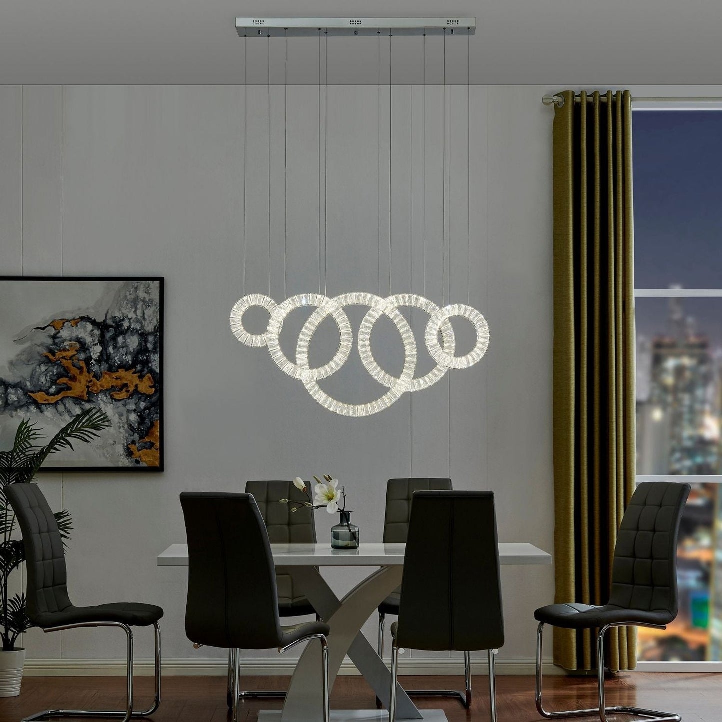 5 Hoop Crystal Progression Chandelier - Chrome Finish, Adjustable Modern LED Chandelier