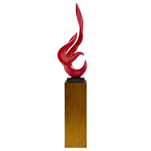 Red Flame Floor Sculpture With Wood Stand, 65" Tall