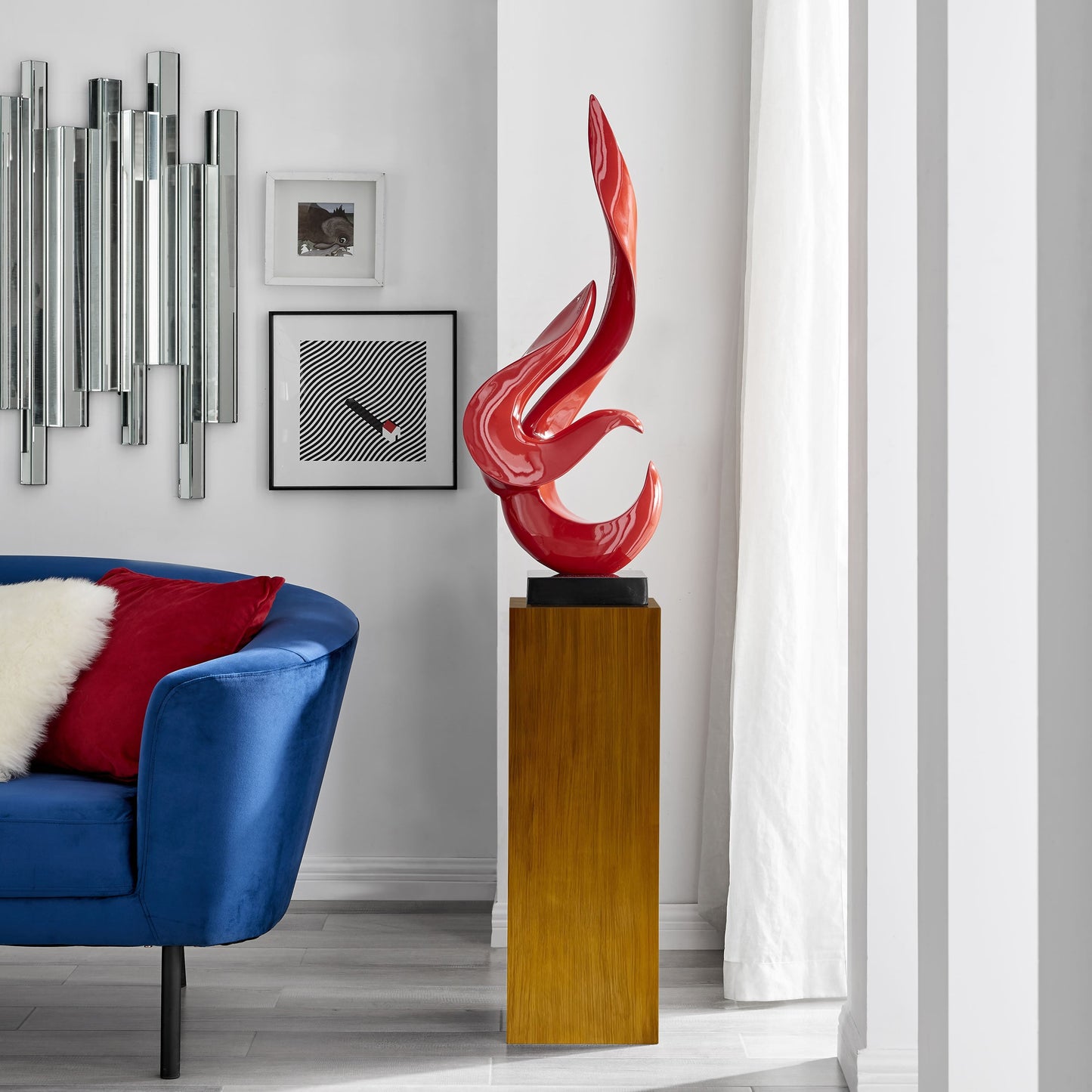 Red Flame Floor Sculpture With Wood Stand, 65" Tall