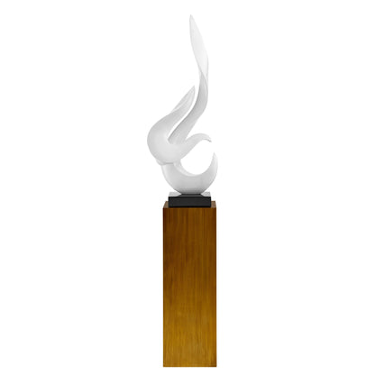 White Flame Floor Sculpture With Wood Stand, 65" Tall