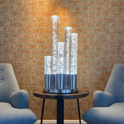 Acrylic Cylinder Dimmable Table Lamp - 5 Light Chrome | Modern LED Lamp with Crystal Cylinders