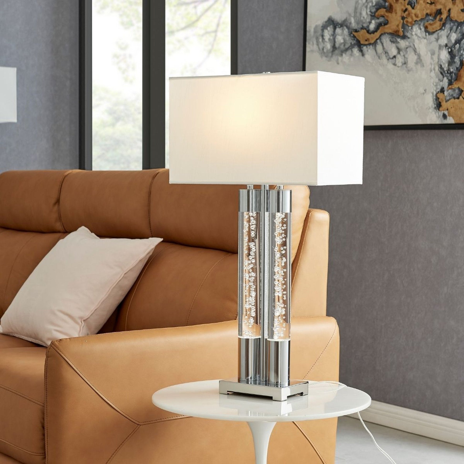 Acrylic Table Lamp - Chrome with Fabric Linen Shade | Modern Metal and Acrylic Design