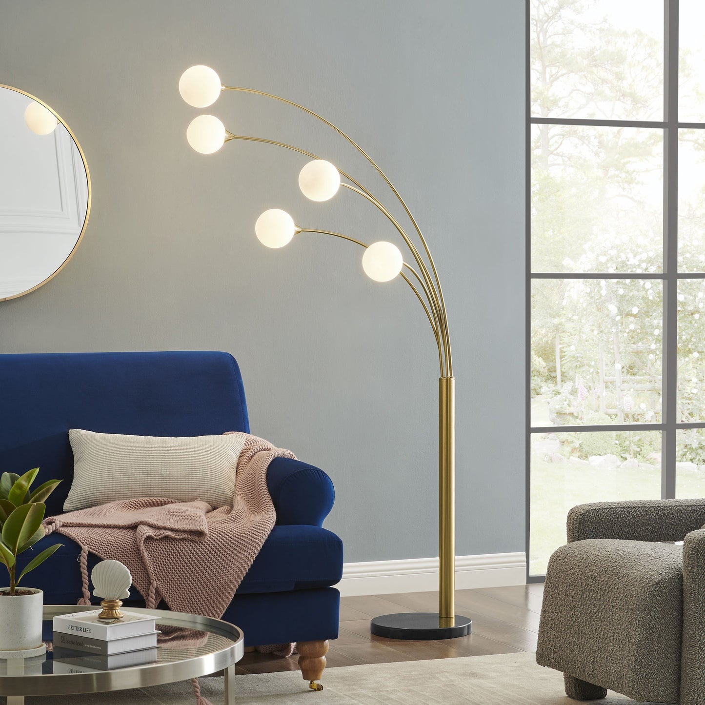 Anechdoche 5 Lights Gold and White Floor Lamp | Mid-Century Modern Adjustable Lighting with Marble Base