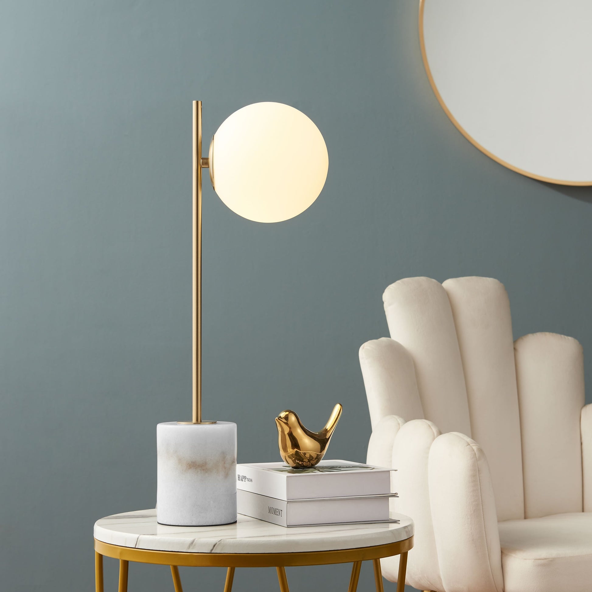 Anechdoche Gold and White Table Lamp | Mid-Century Modern LED Lamp with Marble Base