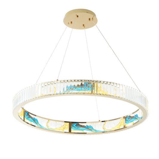 Boeseman's Colorful 1-Tier Round Chandelier - Gold Finish with Stained Glass Effect and K9 Crystals