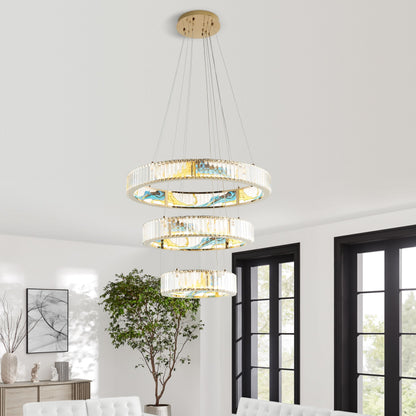 Boeseman's Colorful 3-Tier Round Chandelier - Gold Finish with Stained Glass Effect and K9 Crystals