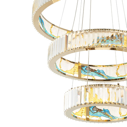 Boeseman's Colorful 3-Tier Round Chandelier - Gold Finish with Stained Glass Effect and K9 Crystals