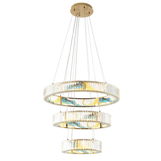 Boeseman's Colorful 3-Tier Round Chandelier - Gold Finish with Stained Glass Effect and K9 Crystals