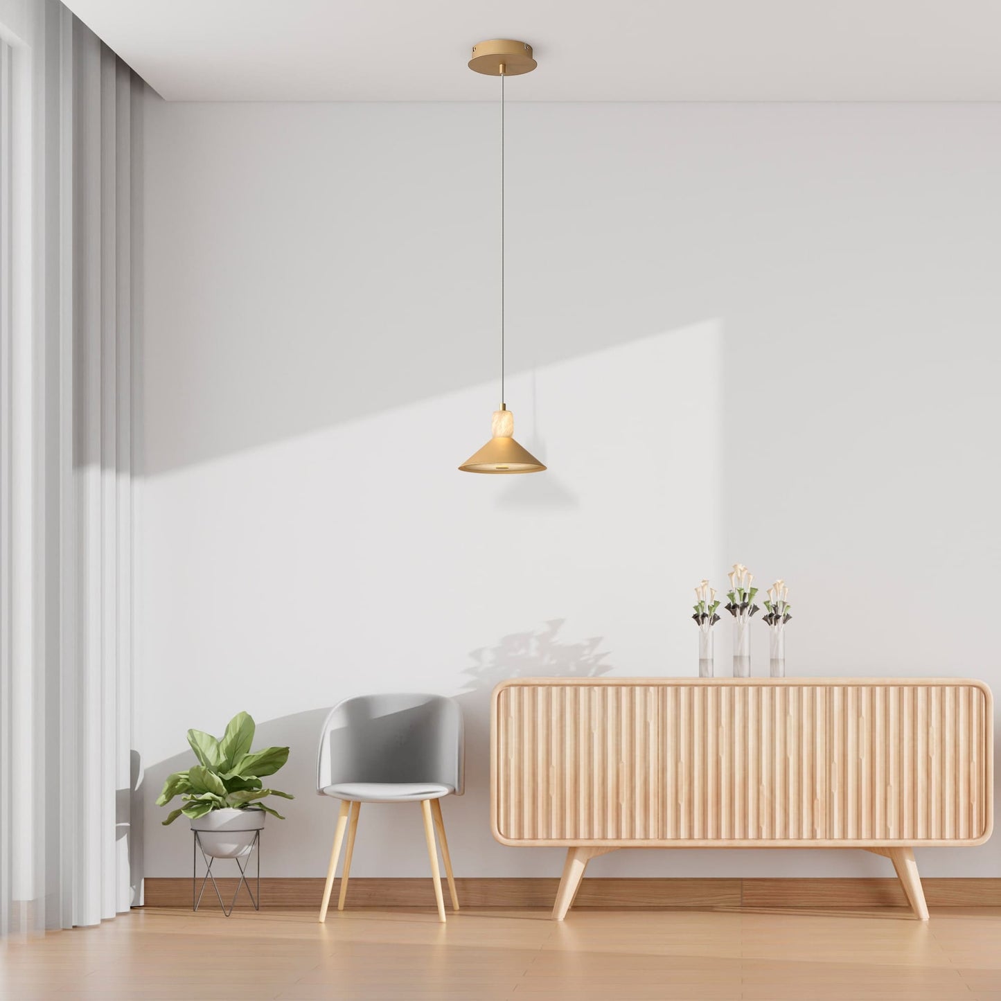 Spanish Alabaster & Aluminum One-Light Chandelier