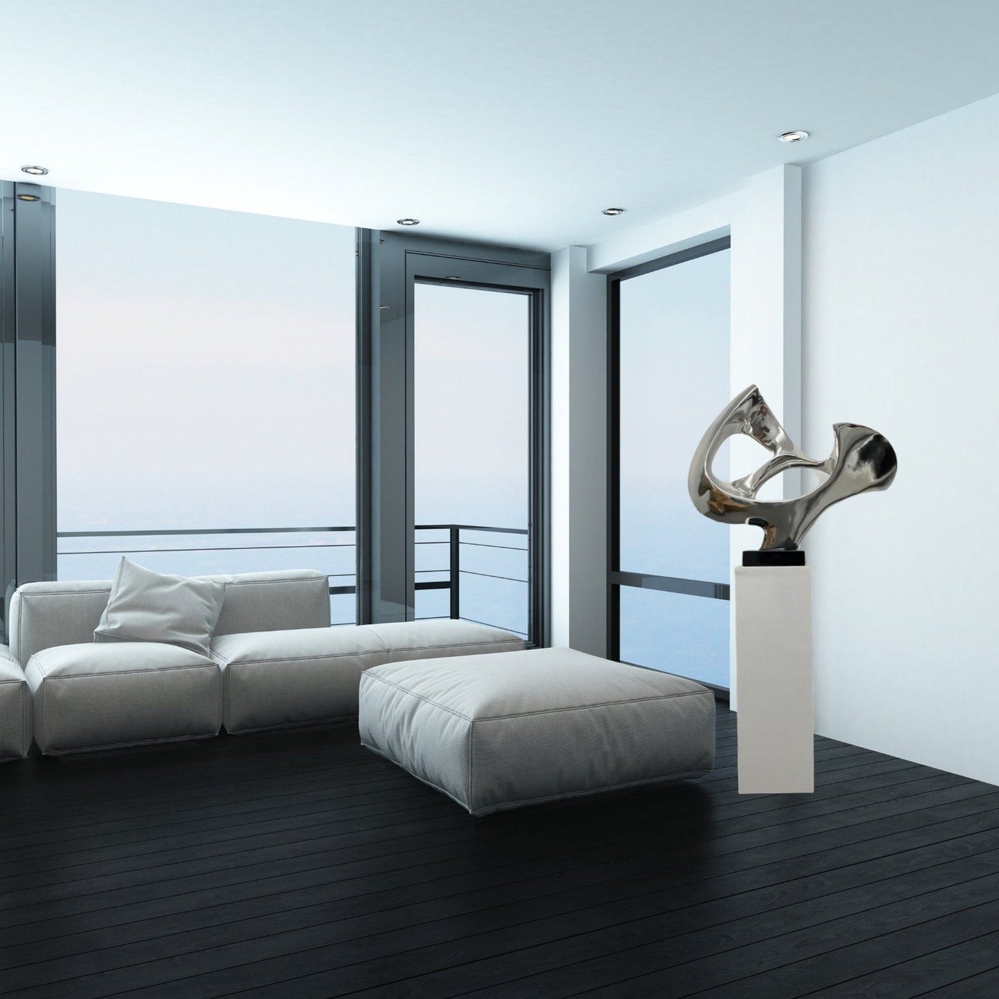 Chrome Abstract Mask Floor Sculpture With White Stand, 54" Tall