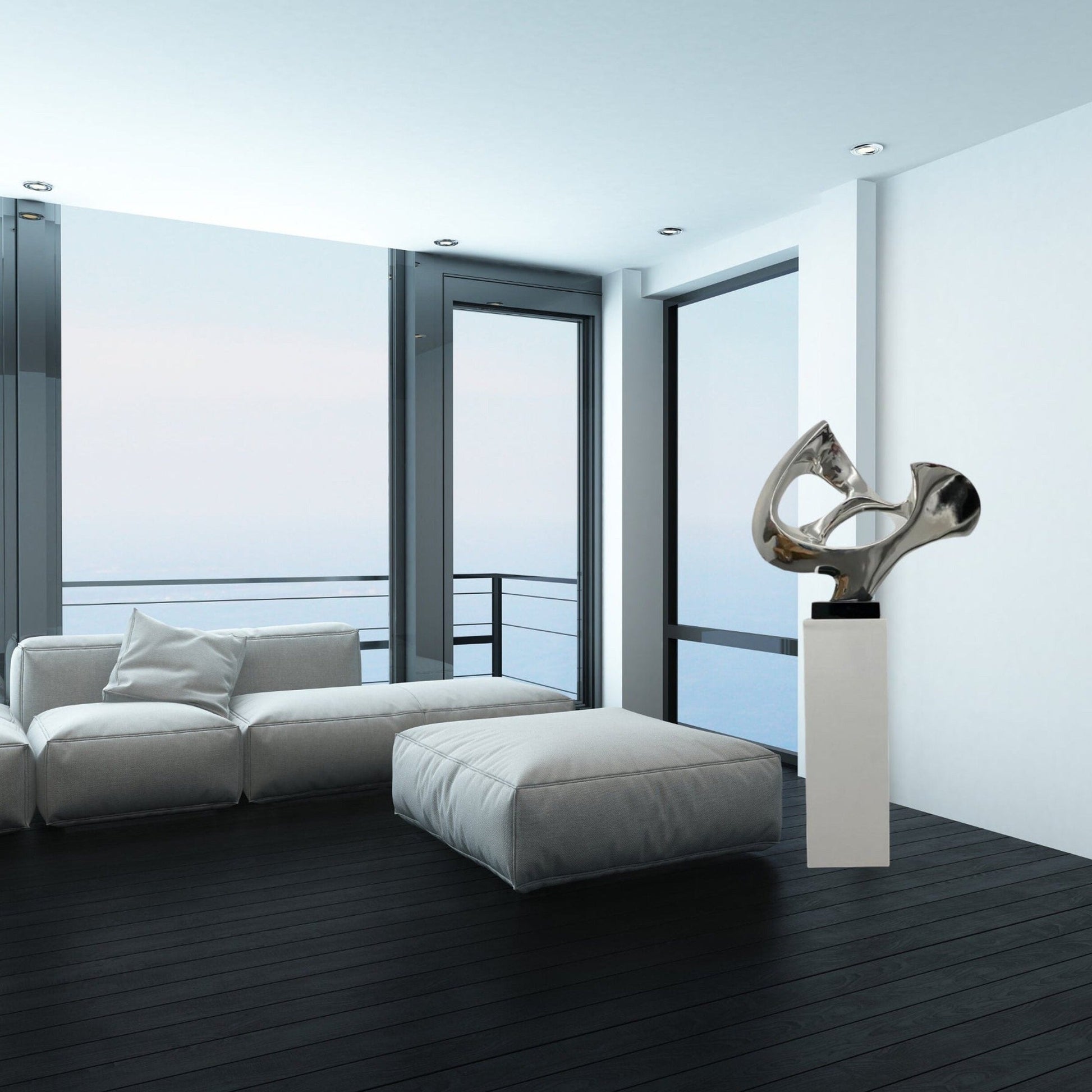 Chrome Abstract Mask Floor Sculpture With White Stand, 54" Tall