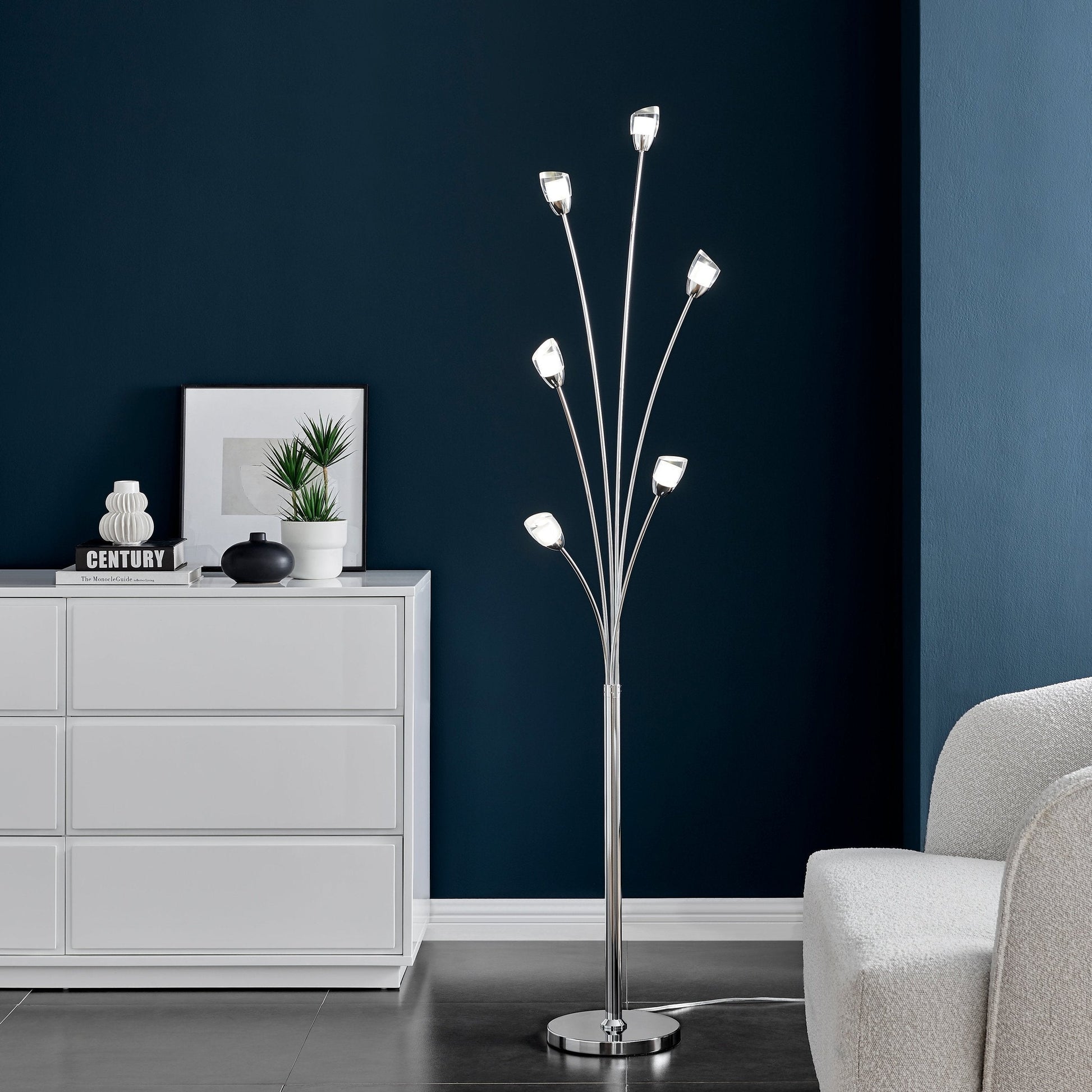 Flower Acrylic Floor Lamp - 6 Light | Tulip-Shaped Modern LED Lighting with Chrome Finish