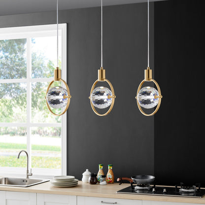 Hollywood Circle 1 Light Pendant - Gold Finish, Crystal Globe Design, Dimmable LED