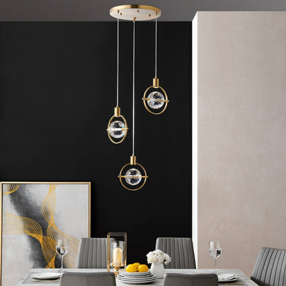 Hollywood Circle 3 Light Pendant - Gold Finish, Crystal Globe Design, Dimmable LED Chandelier