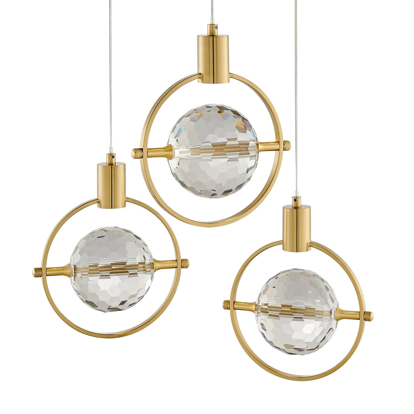 Hollywood Circle 3 Light Pendant - Gold Finish, Crystal Globe Design, Dimmable LED Chandelier