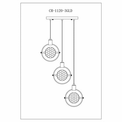 Hollywood Circle 3 Light Pendant - Gold Finish, Crystal Globe Design, Dimmable LED Chandelier