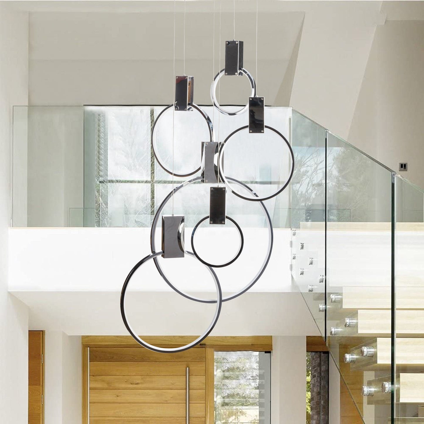 Hong Kong LED Circular Chandelier - 6 Adjustable Hoops, Chrome Finish, Contemporary Design