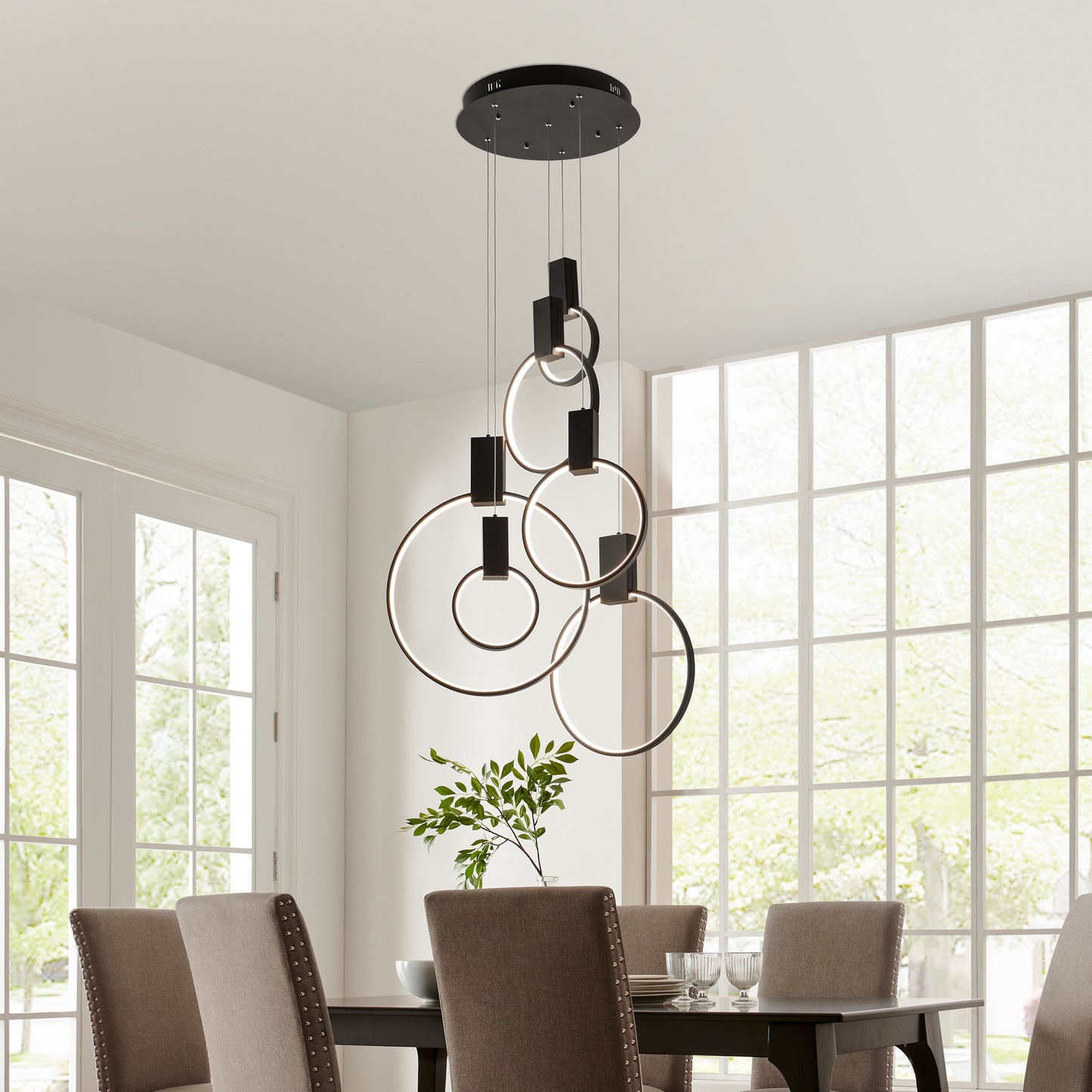 Hong Kong LED Circular Chandelier - 6 Adjustable Hoops, Matte Black Finish, Contemporary Design