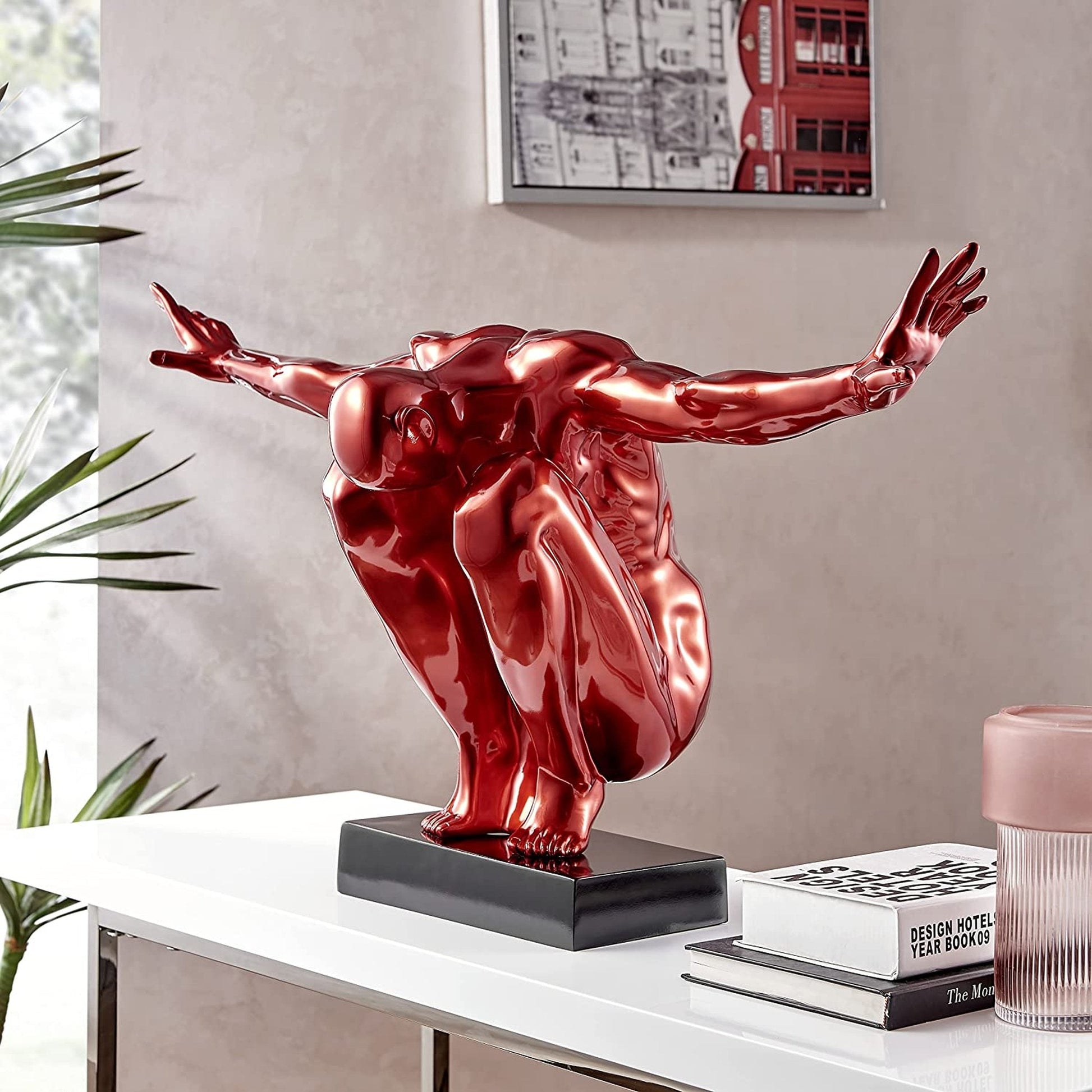 Large Saluting Man Resin Sculpture 37" Wide x 19" Tall // Metallic Red