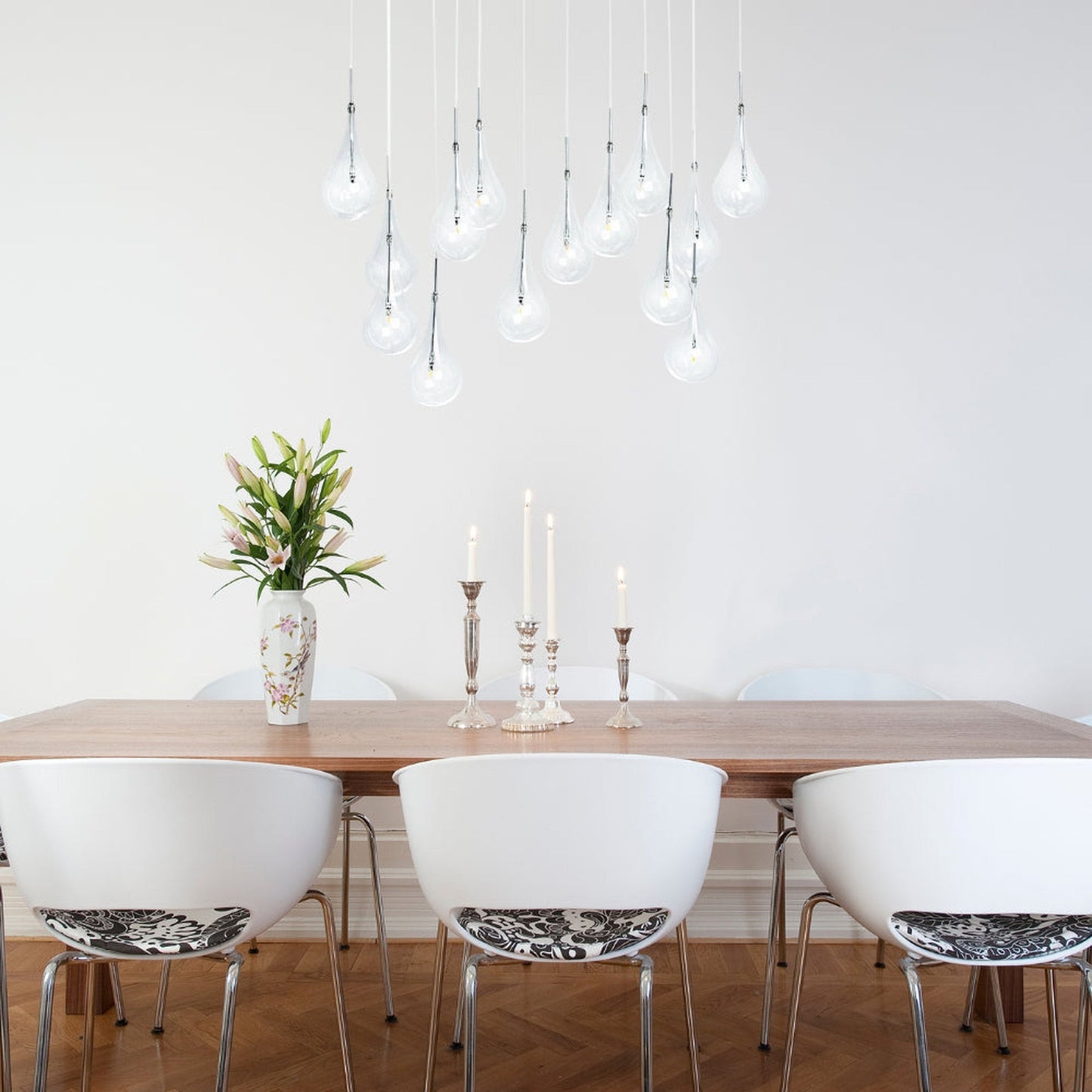 Modern Glass Drops Chandelier - 14 Lights, Rectangular Chrome Canopy, Adjustable Height