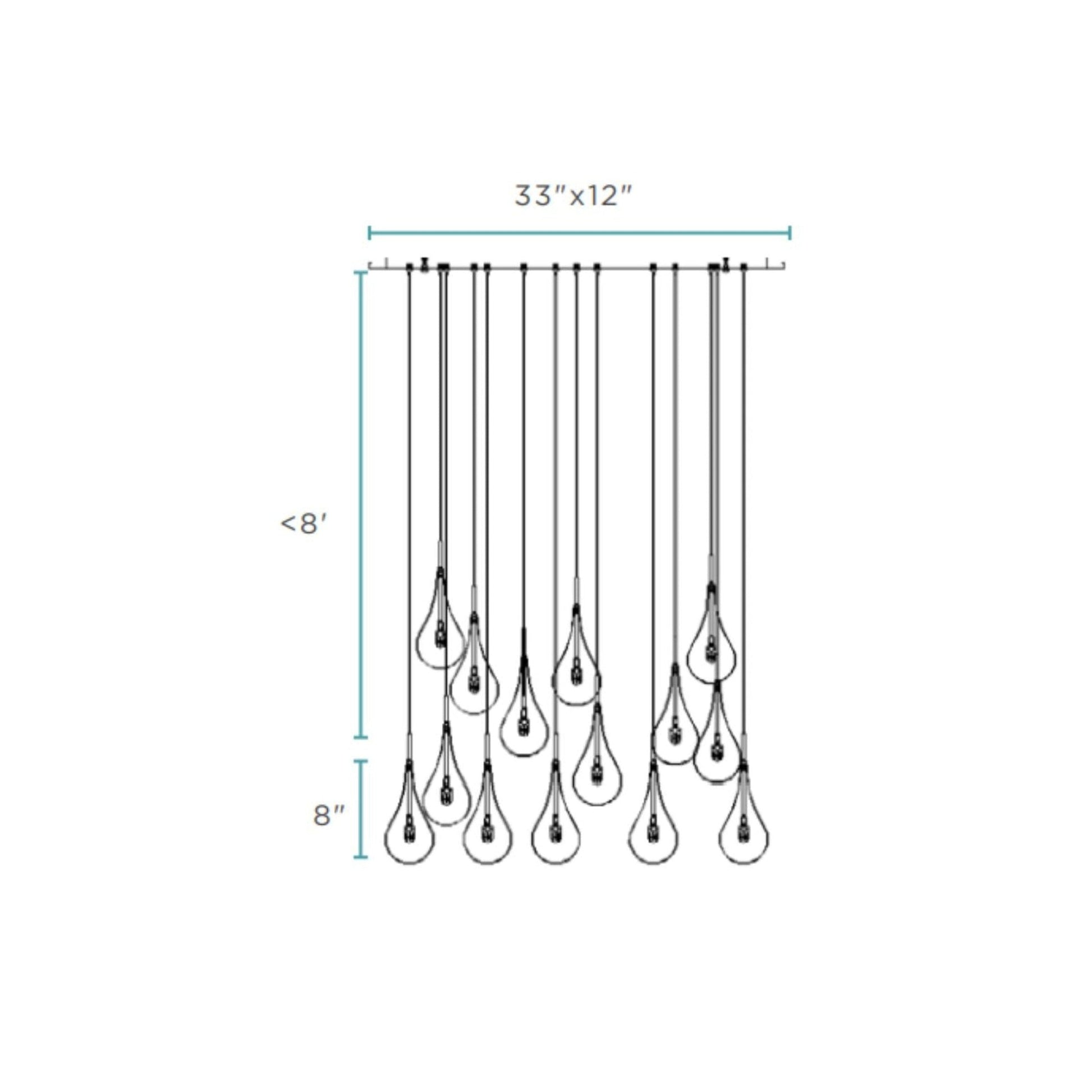 Modern Glass Drops Chandelier - 14 Lights, Rectangular Chrome Canopy, Adjustable Height