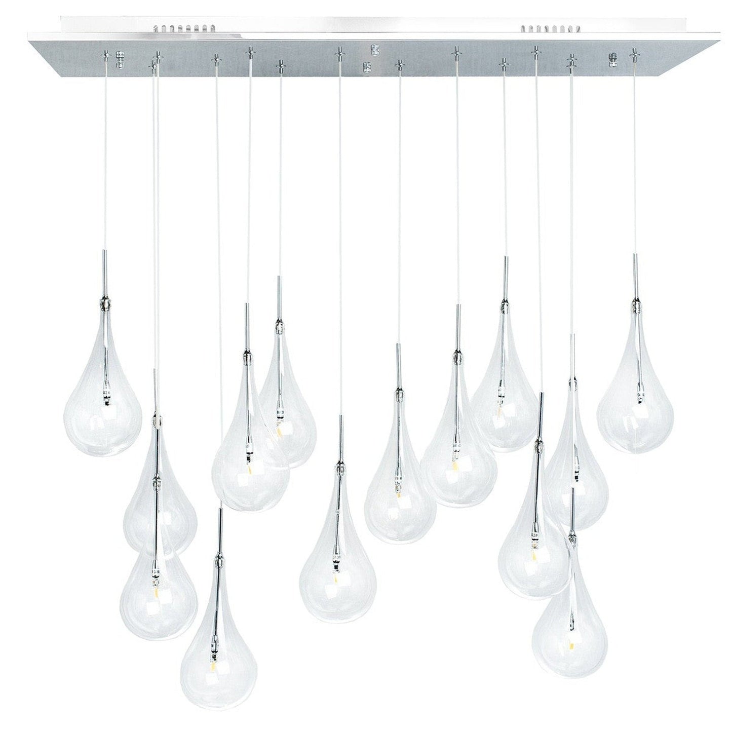 Modern Glass Drops Chandelier - 14 Lights, Rectangular Chrome Canopy, Adjustable Height