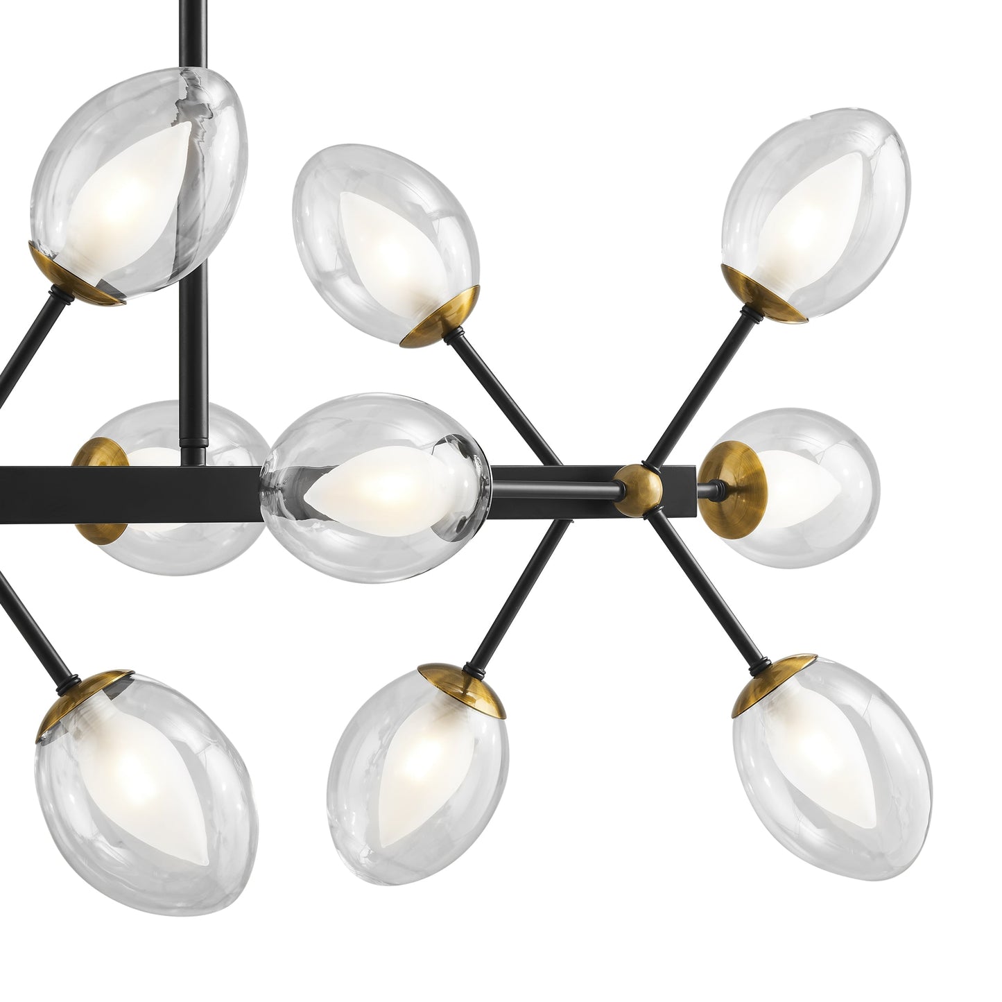 Nodus Crystal Rectangular 18-Light Chandelier - Black and Gold Finish with Frosted Glass Inserts