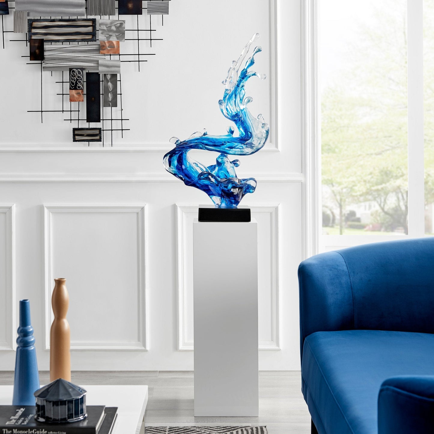 Ocean Blue Cortes Bay Wave Floor Sculpture with White Stand, 57" Tall