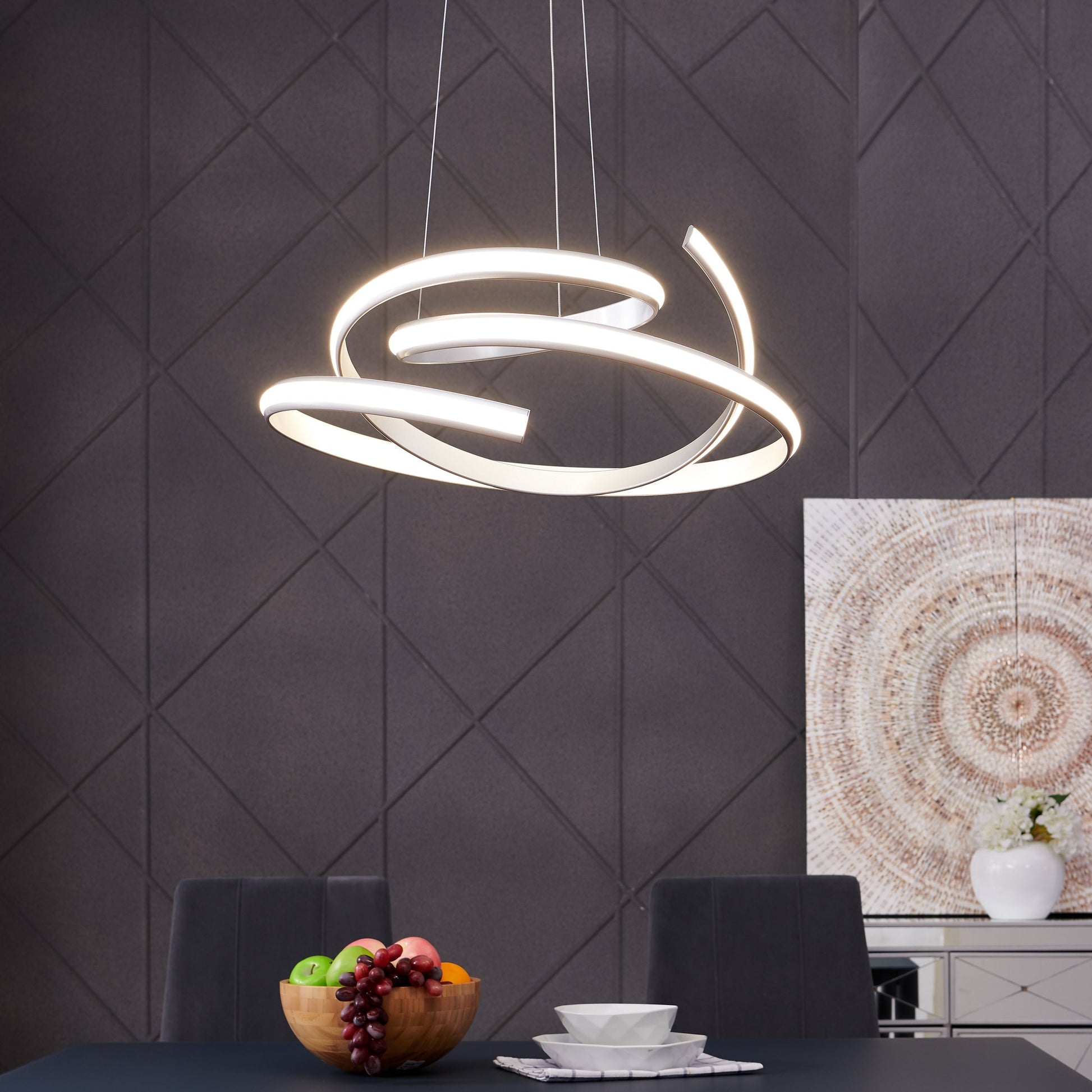 Oslo LED Adjustable Chandelier - Silver Finish, Dimmable LED Lighting, and Adjustable Hanging Length