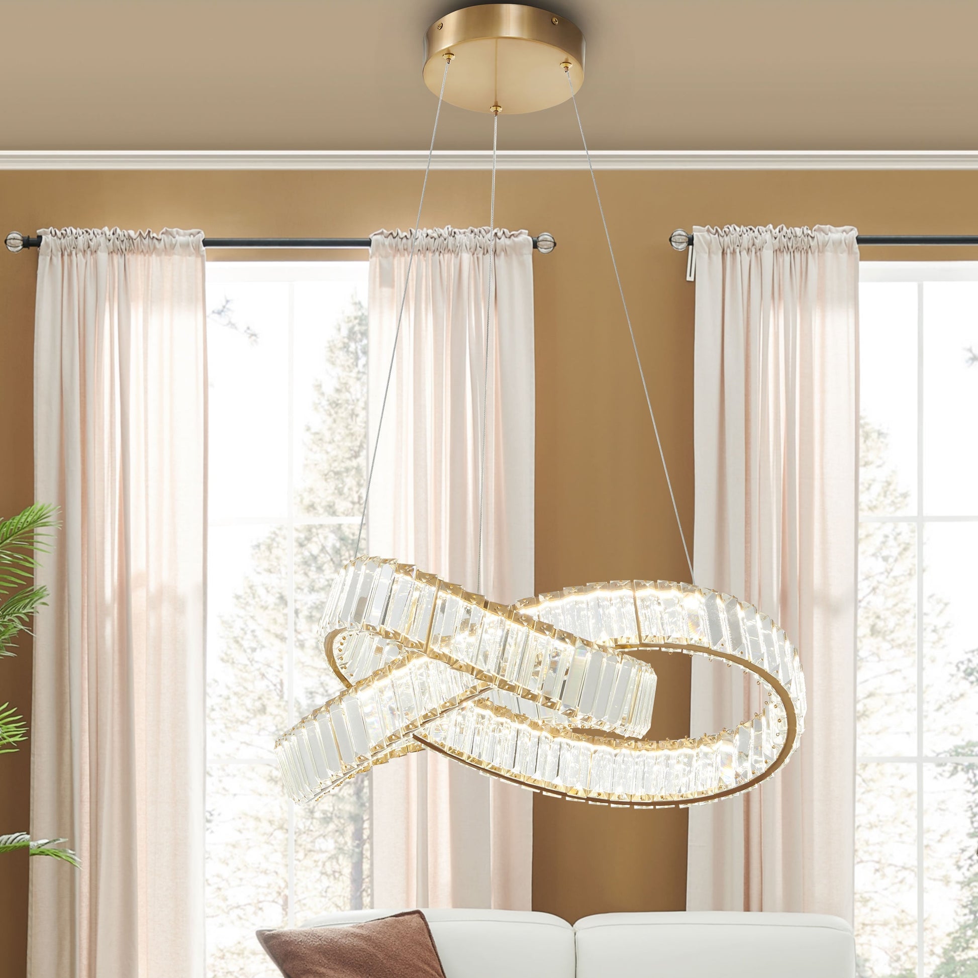 Richmond Brushed Gold LED Crystal Chandelier - Adjustable CCT Lighting with Knotted Ring Design