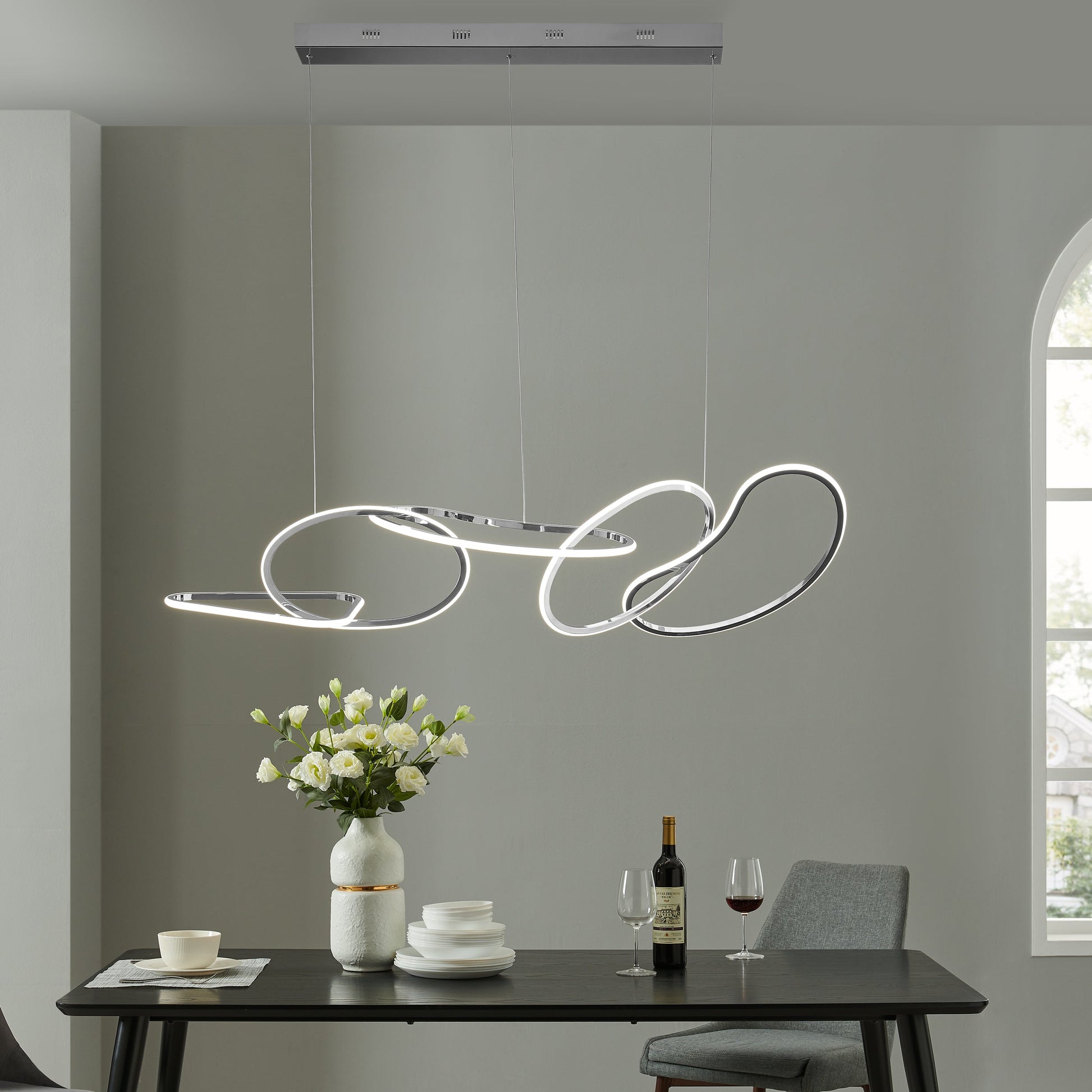 Seoul LED 5 Hoops Rectangular Chandelier - Chrome Finish, Adjustable Hanging Length, and Dimmable LED Lighting