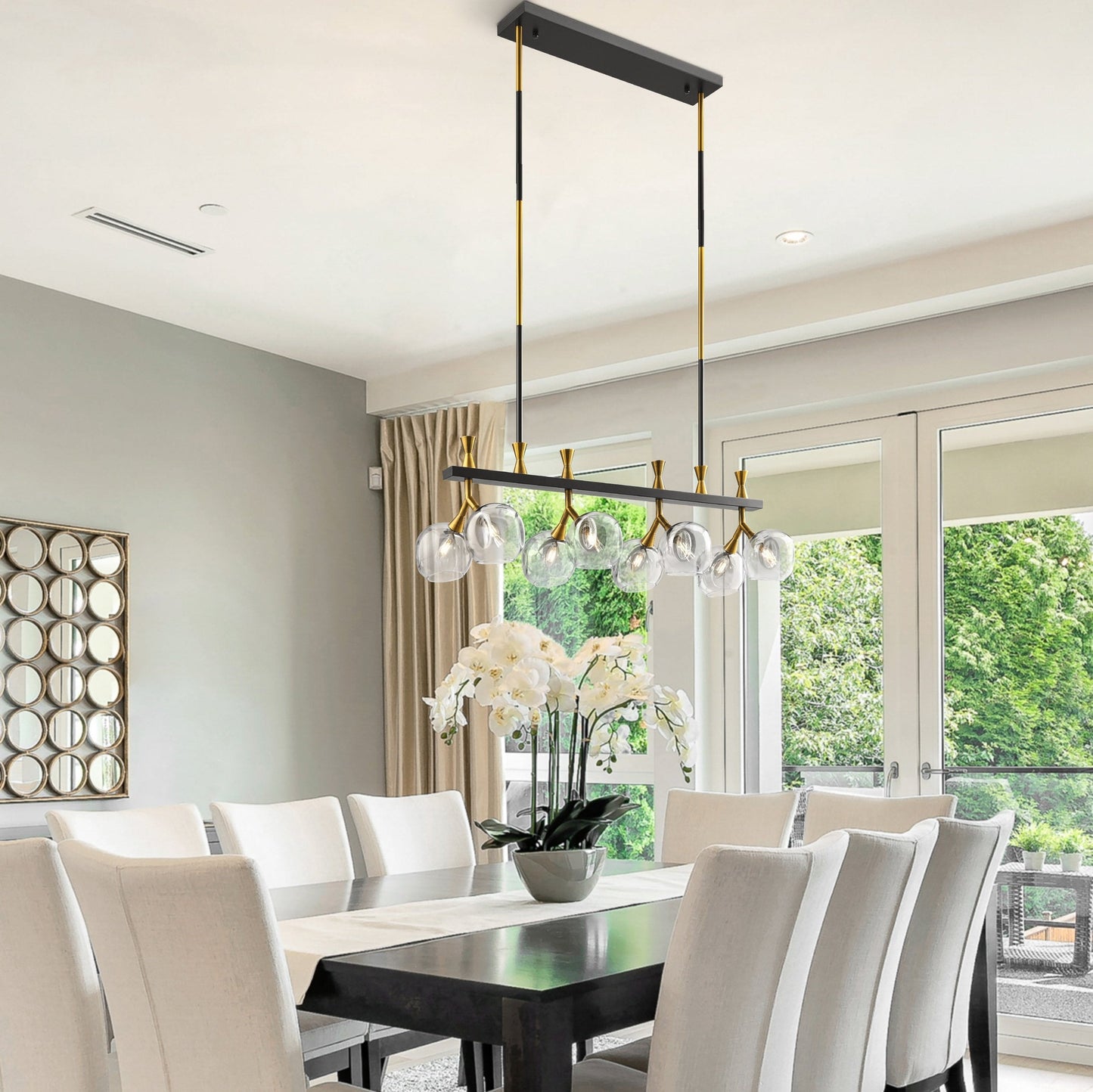 Sonder Rectangular Gold and Black Chandelier - 8-Light Linear Design with Vintage Glass Shades