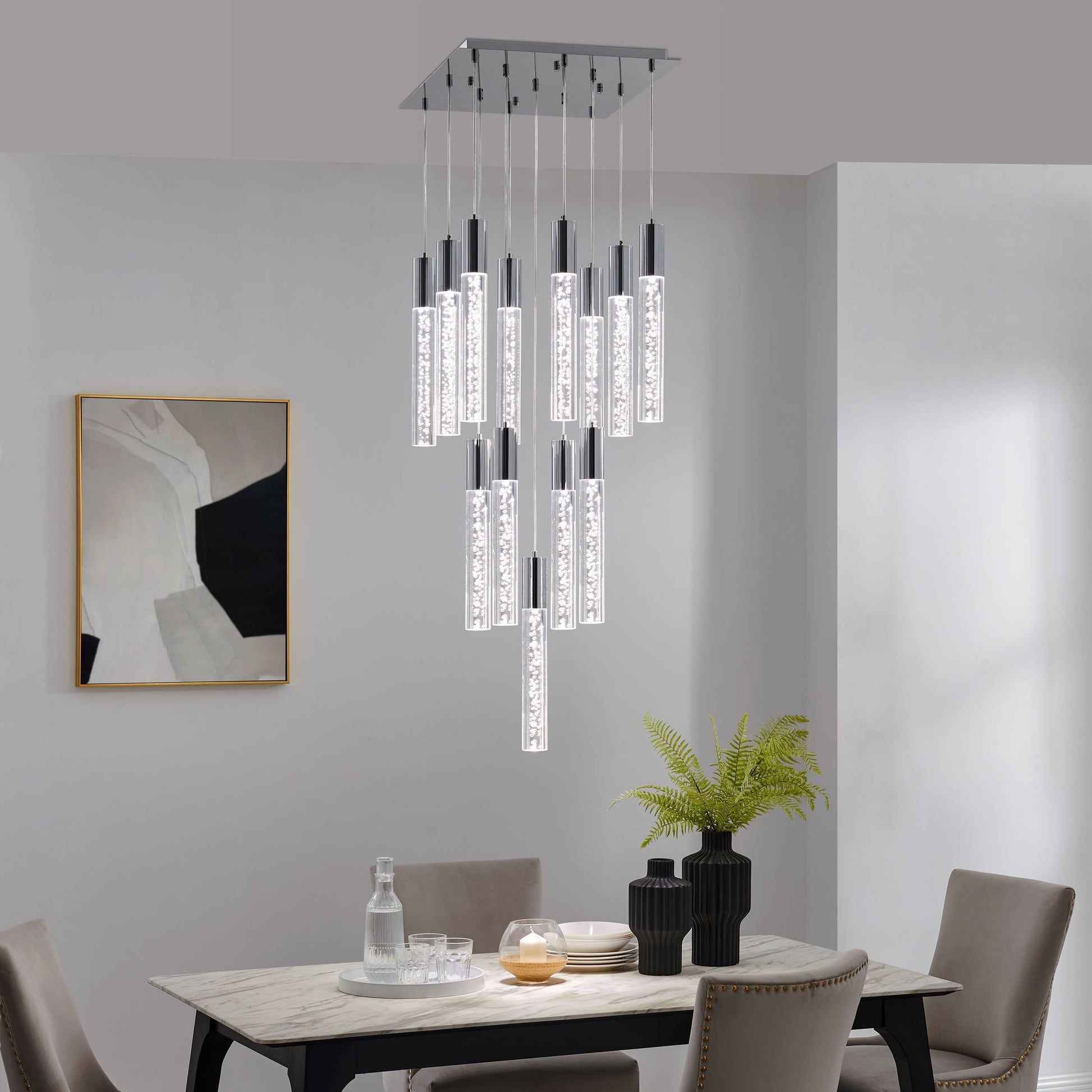 Sparkling Night Cylinder 13-Light Chandelier - Adjustable Acrylic Pendants with Bubble Design