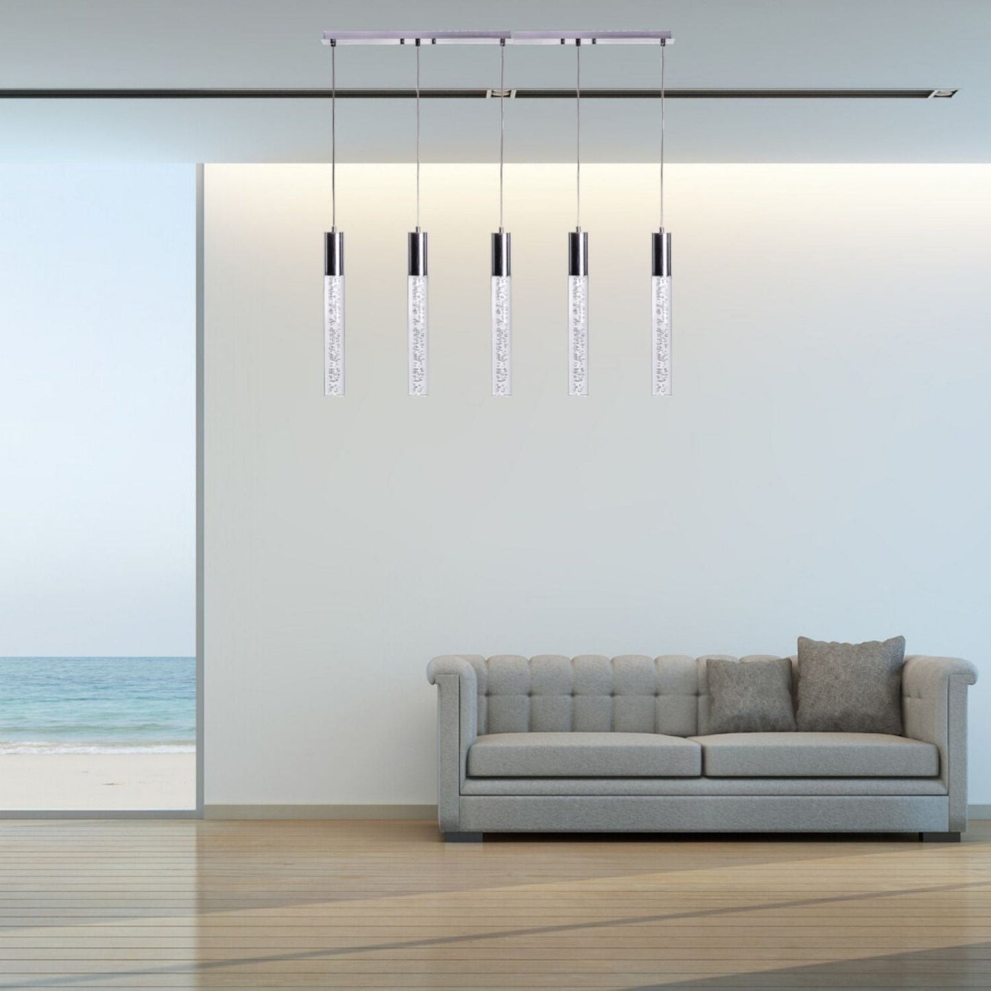 Sparkling Night Cylinder 5-Light Chandelier - Sleek Design with Crystal Pendants and Adjustable Hanging Length