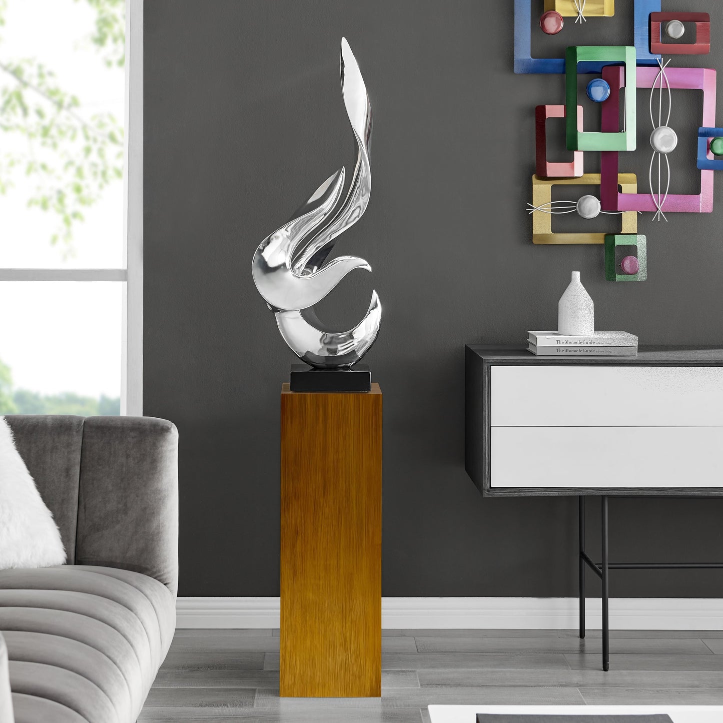 Chrome Flame Floor Sculpture With Wood Stand, 65" Tall